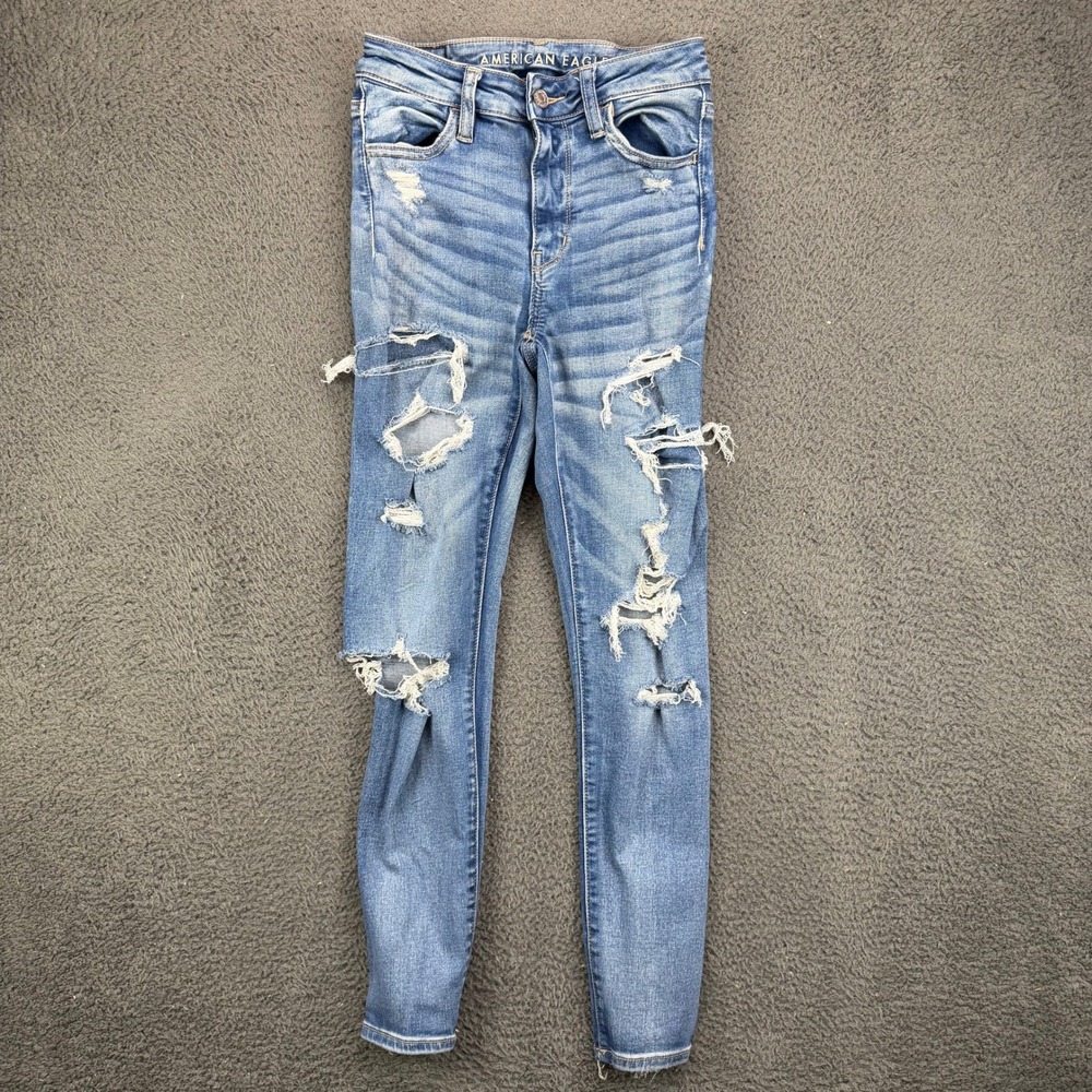 American‎ Eagle Super Hi-Rise Jegging 0 Short Next Level Stretch Distressed Blue